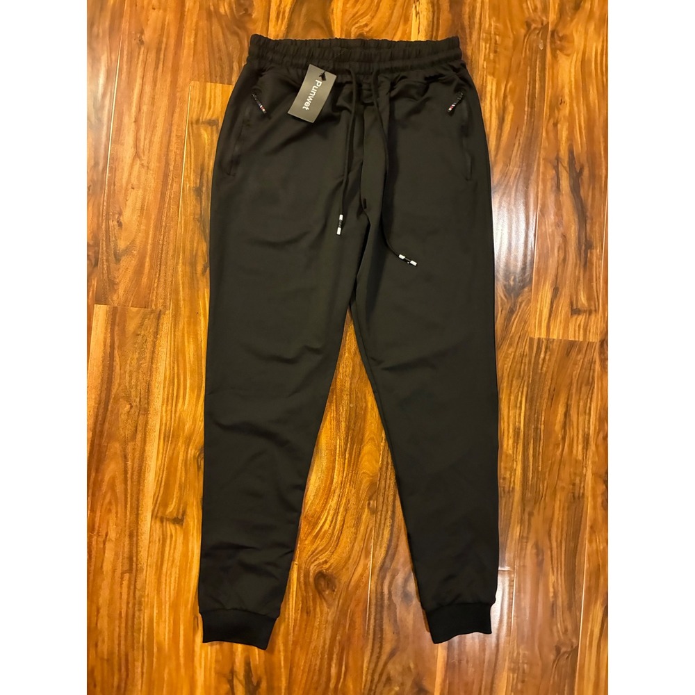 Punwet Mens Black Jogger Sweatpants Zipper Pockets Drawstring Athletic Pants M